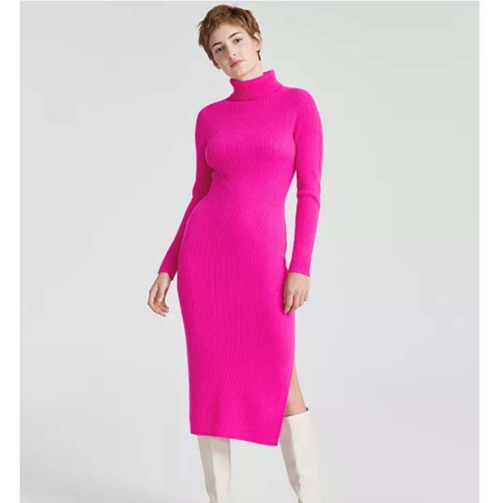 Charter Club 100% Cashmere Turtleneck Midi Sweater Dress  Fierce Pink SMALL NWT